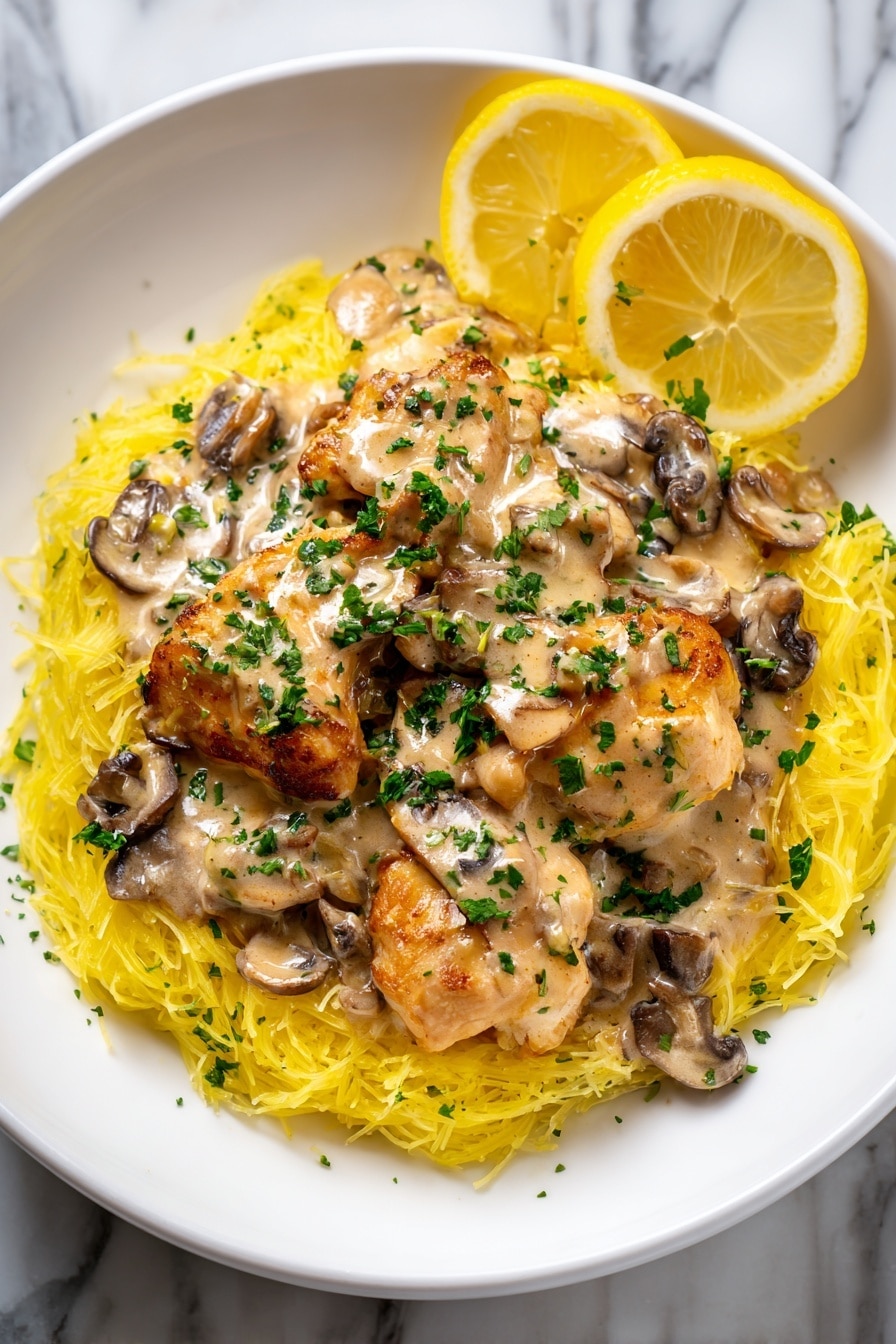 A white plate holds a bed of yellow thin pasta strands, topped with three light beige chicken pieces covered in creamy light brown sauce with green herbs mixed in. Scattered around and on top are small dark brown mushroom pieces. Two lemon slices rest on the chicken, one leaning on the left and the other on the right, adding a bright yellow touch. The background is a white marbled surface. photo taken with an iphone --ar 2:3 --v 7 - Slow Cooker Chicken Marsala, Chicken Marsala recipe, easy Chicken Marsala, slow cooker chicken dishes, comforting Italian chicken
