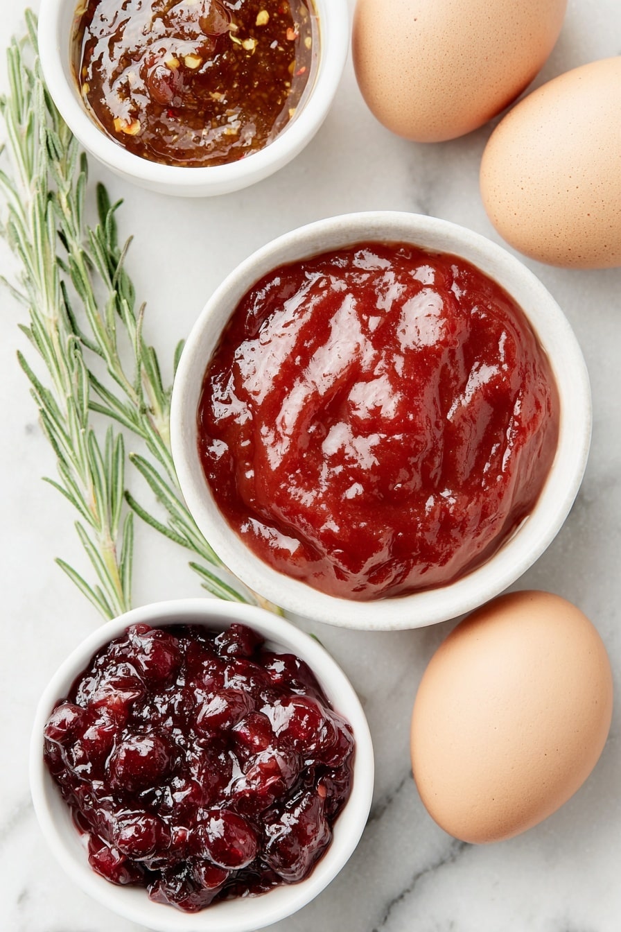 Flat lay of a small white ceramic bowl of bright red chili sauce, a small white ceramic bowl of glossy whole berry cranberry sauce with visible cranberries, a small white ceramic bowl of dark reddish-brown barbecue sauce, a few sprigs of fresh mustard seeds on stalks, and two whole brown eggs with clean shells placed symmetrically on a clean white marble surface, soft natural light, photo taken with an iPhone, professional food photography style, fresh ingredients, white ceramic bowls, no bottles, no duplicates, no utensils, no packaging --ar 2:3 --v 7 --p m7354615311229779997 - Cranberry BBQ Meatballs, easy meatball appetizer, slow cooker meatball recipe, sweet and tangy meatballs, holiday party snacks