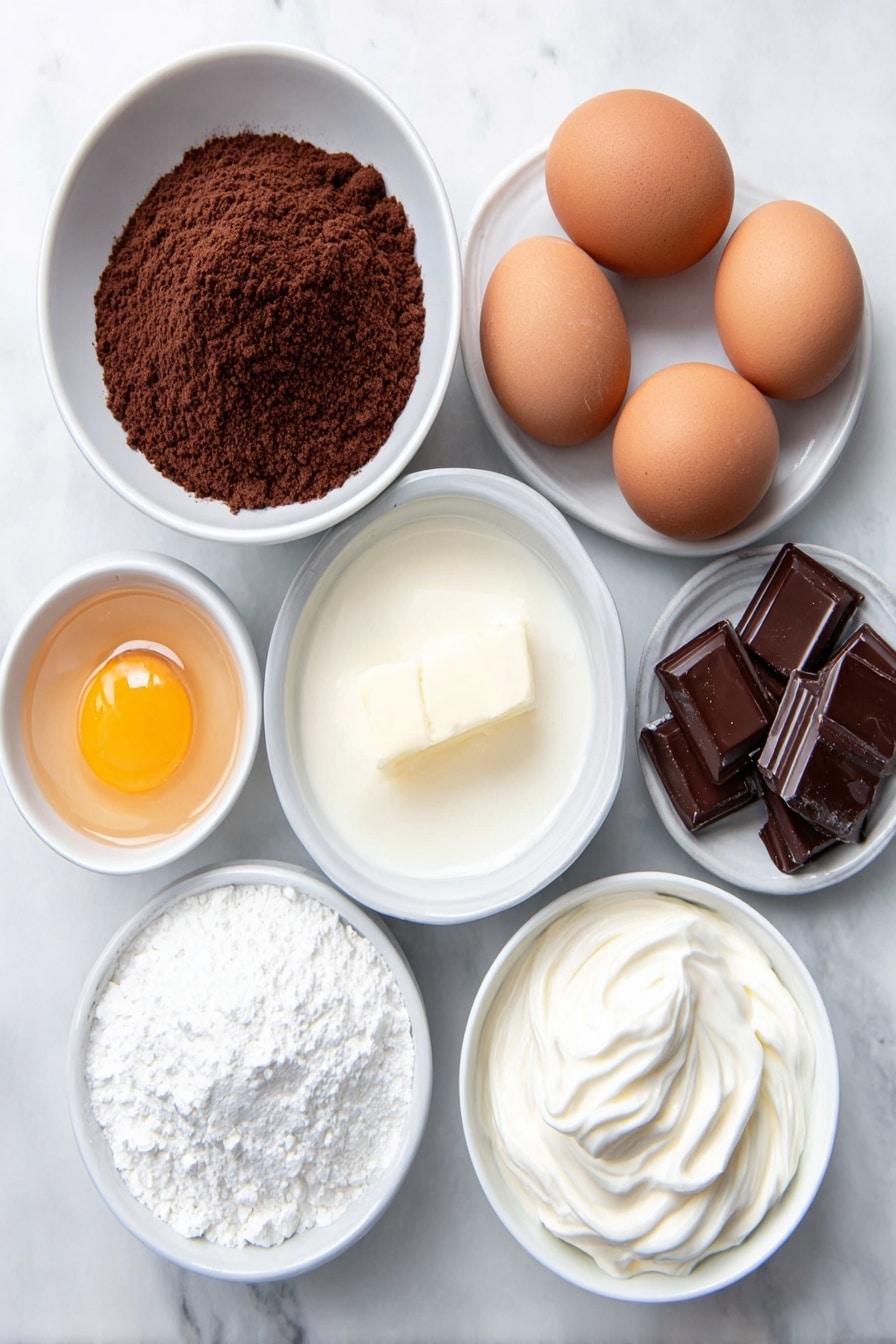 Slow Cooker Chocolate Caramel Cake Recipe 7 Flat lay of a small mound of rich dark brown Devils food cake mix powder beside three large brown eggs with clean shells, a small white bowl of clear water, a small white bowl with melted golden unsalted butter, a small white bowl filled with glossy thick sweetened condensed milk, a small white bowl holding smooth caramel topping, a small white bowl of fluffy white Cool Whip, and a few chopped pieces of glossy dark brown Heath bars arranged neatly, placed on a clean white marble surface, soft natural light, photo taken with an iPhone, professional food photography style, fresh ingredients, white ceramic bowls, no bottles, no duplicates, no utensils, no packaging --ar 2:3 --v 7 --p m7354615311229779997 - Slow Cooker Chocolate Caramel Cake, decadent slow cooker desserts, easy chocolate caramel cake, no-bake cake recipes, caramel and chocolate dessert