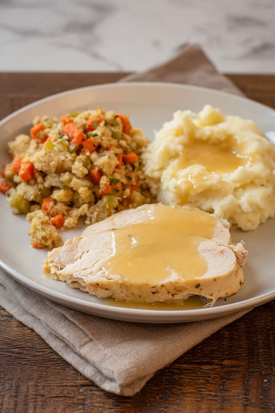 The image shows a white round plate with three main parts. On the left side, there is a scoop of stuffing with a rough texture, containing small pieces of orange carrot, green celery, and light brown bread. On the right side, there is a pile of creamy mashed potatoes with a smooth texture and a light buttery yellow sauce on top. In front of the mashed potatoes, there are two slices of light tan cooked meat covered with a glossy light brown gravy. The plate is on a brown wooden table with a beige cloth napkin nearby. The background is a white marbled texture photo taken with an iphone --ar 2:3 --v 7 - Slow Cooker Whole Chicken with Stuffing, slow cooker chicken recipe, easy chicken and stuffing, comforting slow cooker dinner, juicy slow cooked chicken