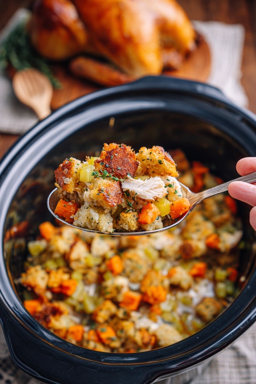 A cooked whole chicken with browned, crispy skin seasoned with herbs sits snugly in the center of a black slow cooker. Around the chicken, there is a layer of mixed diced vegetables and stuffing, mostly orange carrots, green celery, and beige bread pieces, filling the space evenly on all sides. Fresh green sprigs of thyme rest on top of the stuffing near the chicken’s leg. The slow cooker sits on a wooden table with a textured cloth and a wooden spatula nearby. The photo taken with an iphone --ar 2:3 --v 7 - Slow Cooker Whole Chicken with Stuffing, slow cooker chicken recipe, easy chicken and stuffing, comforting slow cooker dinner, juicy slow cooked chicken