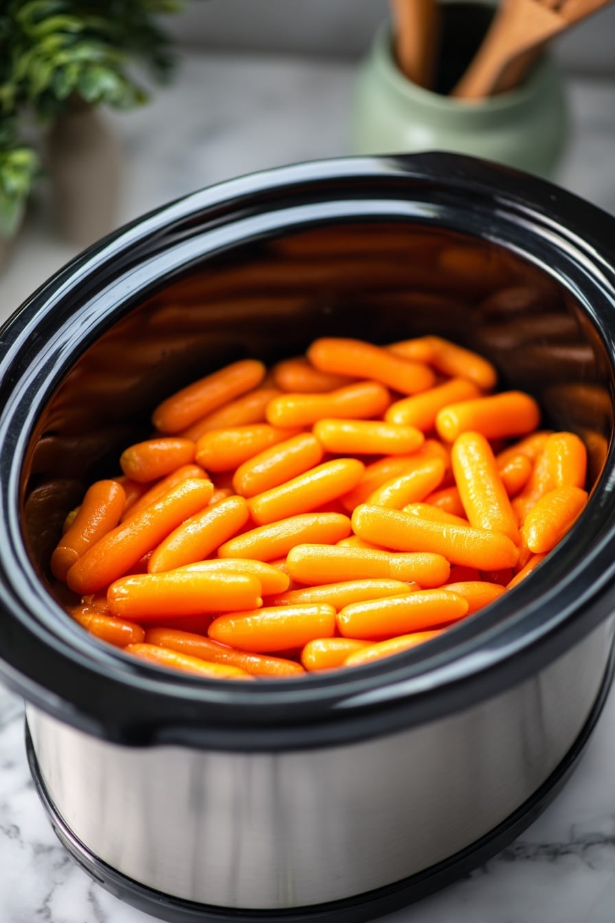 Slow Cooker Maple Glazed Carrots Recipe 6 The image shows a slow cooker filled with cooked baby carrots. The carrots are bright orange, shiny, and smooth, packed close together in one layer, filling the pot almost to the top. The slow cooker is black inside with a stainless steel outer body, placed on a white marbled surface. In the blurred background, household items like kitchen utensils and a plant can be seen. Photo taken with an iphone --ar 2:3 --v 7 - Slow Cooker Maple Glazed Carrots, Maple Glazed Carrots, Easy Carrot Side Dish, Healthy Vegetable Side, Holiday Carrot Recipes