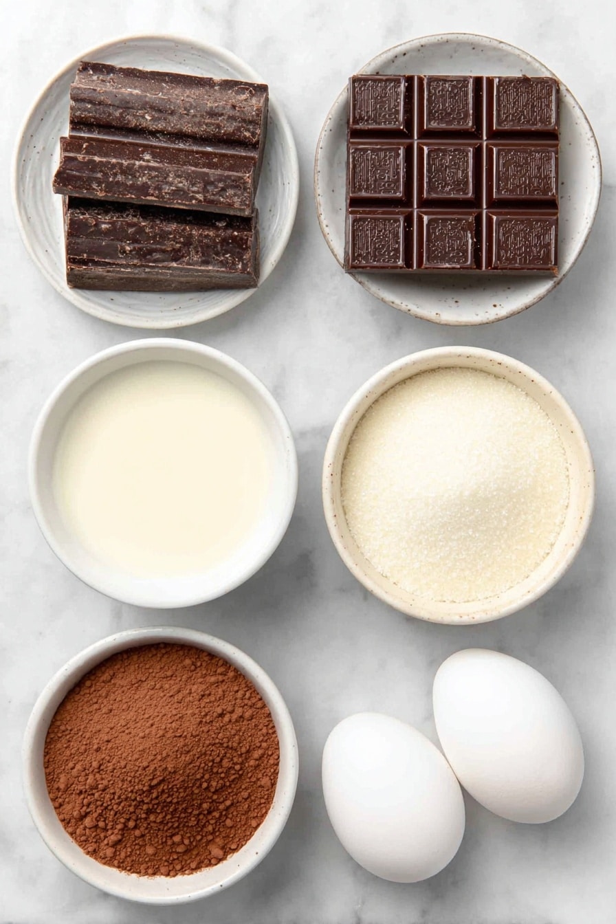 Flat lay of a small white ceramic bowl filled with whole milk, a small white ceramic bowl of heavy cream, a small white ceramic bowl of granulated sugar, two thick squares of coarsely chopped semi-sweet chocolate, a small white ceramic bowl with natural cocoa powder, and two whole clean eggs with uncracked shells, all arranged symmetrically in balanced proportions, placed on a clean white marble surface, soft natural light, photo taken with an iPhone, professional food photography style, fresh ingredients, white ceramic bowls, no bottles, no duplicates, no utensils, no packaging --ar 2:3 --v 7 --p m7354615311229779997 - Slow Cooker Homemade Hot Chocolate, creamy hot chocolate recipe, easy slow cooker hot chocolate, indulgent hot chocolate drink, cozy winter beverages