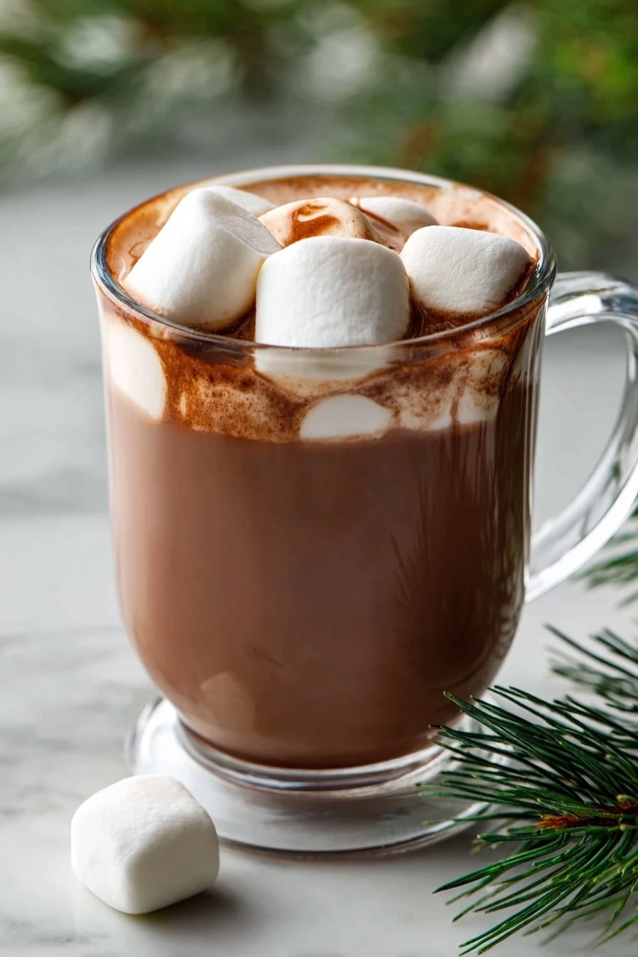 A white oval dish filled with smooth, rich brown hot chocolate, topped with several white marshmallows that have begun to melt slightly around the edges, floating on the surface. The dish is placed on a white marbled surface with a small white bowl of extra marshmallows nearby, along with a gray whisk and a checkered cloth in beige and white tones. The textures show the creamy hot chocolate contrasting with the soft, fluffy marshmallows, and the scene is cozy and inviting. photo taken with an iphone --ar 2:3 --v 7 - Slow Cooker Homemade Hot Chocolate, creamy hot chocolate recipe, easy slow cooker hot chocolate, indulgent hot chocolate drink, cozy winter beverages
