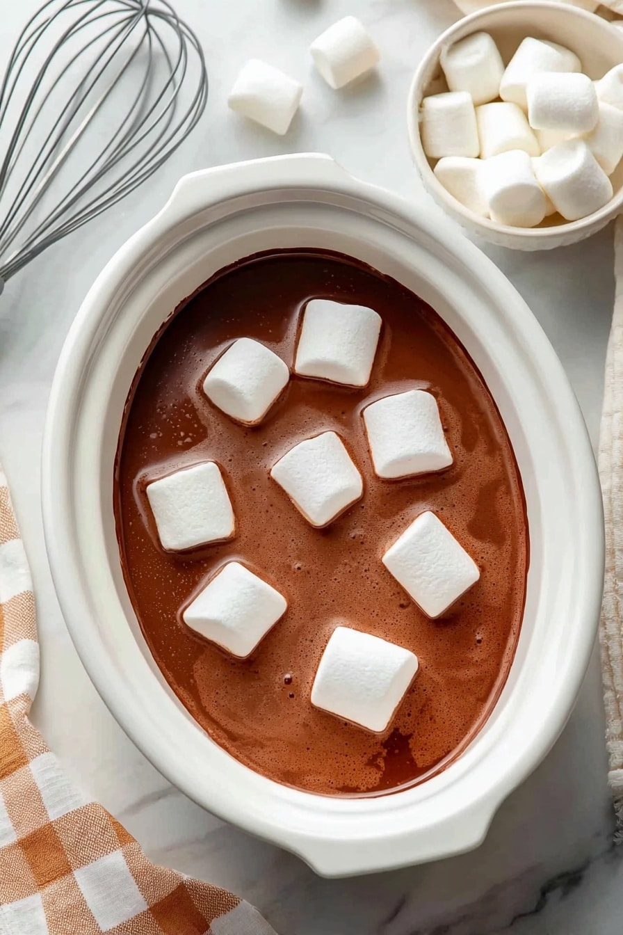 A clear glass mug filled with creamy brown hot chocolate topped with four large white marshmallows slightly melted at the edges with a light brown swirl from the chocolate, placed on a white marbled surface with a green pine branch near the bottom right side. One white marshmallow lies outside the mug near the base. The background is blurred with hints of green. Photo taken with an iphone --ar 2:3 --v 7 - Slow Cooker Homemade Hot Chocolate, creamy hot chocolate recipe, easy slow cooker hot chocolate, indulgent hot chocolate drink, cozy winter beverages