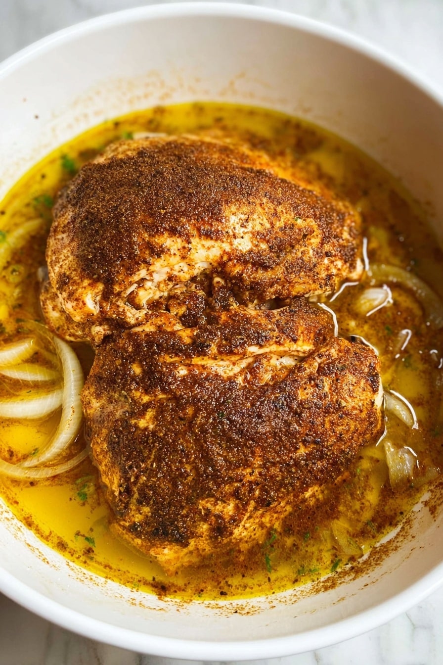 Slow Cooker Turkey Breast Recipe 6 The image shows a white bowl with two large pieces of cooked chicken covered in a dark brown spice rub, sitting in a shallow pool of golden yellow broth with visible thin slices of cooked onions underneath. The chicken has a textured, slightly crispy surface, and the broth surrounds the chicken, filling the bottom of the bowl. The background is a white marbled texture. photo taken with an iphone --ar 2:3 --v 7 - Slow Cooker Turkey Breast, easy turkey breast recipe, juicy turkey breast crockpot, tender turkey dinner, holiday turkey slow cooker
