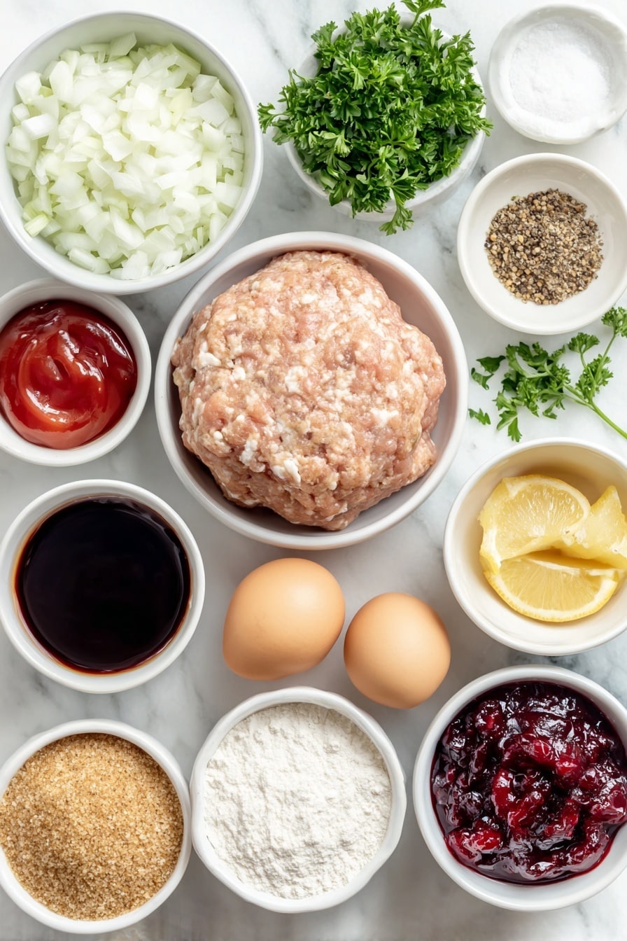 Cranberry Meatballs Recipe 7 Flat lay of a small white bowl filled with finely chopped small onion, a portion of fresh extra lean ground pork shaped loosely in a mound, a small white bowl of panko breadcrumbs, two whole uncracked brown eggs, a small white bowl of bright red ketchup, a small white bowl holding dark Worcestershire sauce, a small bunch of fresh flat-leaf parsley with chopped sprigs scattered nearby, a small white bowl of coarse salt, a small white bowl of whole black peppercorns, a small white bowl of deep red whole berry cranberry sauce, a small white bowl of packed brown sugar, a small white bowl with freshly squeezed lemon juice and a few lemon wedges, all arranged with perfect symmetry and balanced spacing on a clean white marble surface, soft natural light, photo taken with an iPhone, professional food photography style, fresh ingredients, white ceramic bowls, no bottles, no duplicates, no utensils, no packaging --ar 2:3 --v 7 --p m7354615311229779997 - Cranberry Meatballs, holiday meatballs with cranberry sauce, easy savory meatball recipes, quick appetizer ideas, flavorful pork meatballs