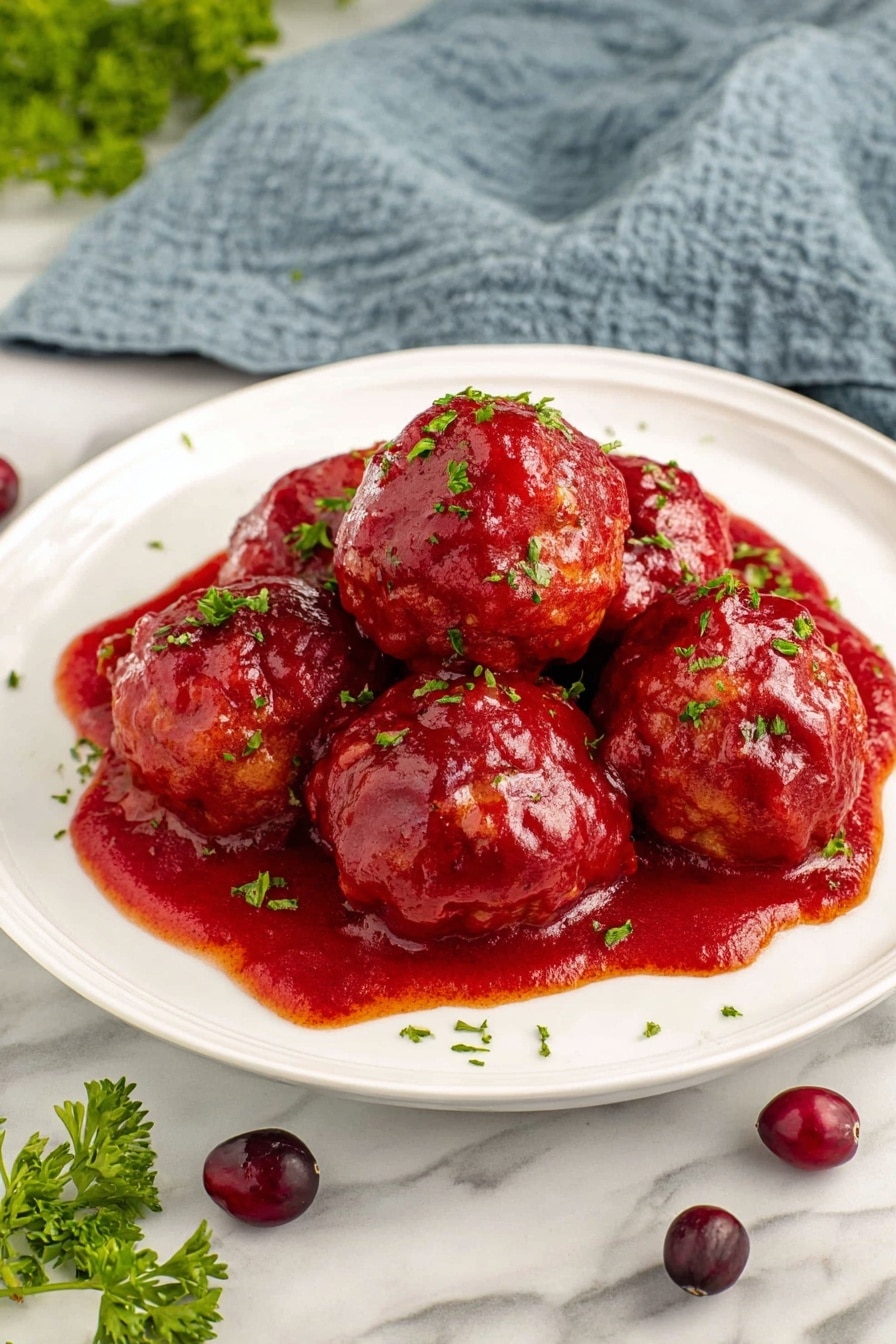 Cranberry Meatballs Recipe 6 A white plate holds five round meatballs covered in thick, bright red sauce with a smooth texture. The sauce pools slightly around the meatballs at the base. Small bits of green herbs are sprinkled over the meatballs and sauce. The plate rests on a white marbled surface with fresh green herbs and a few dark red cranberries scattered nearby, with a soft blue cloth in the background. Photo taken with an iphone --ar 2:3 --v 7 - Cranberry Meatballs, holiday meatballs with cranberry sauce, easy savory meatball recipes, quick appetizer ideas, flavorful pork meatballs