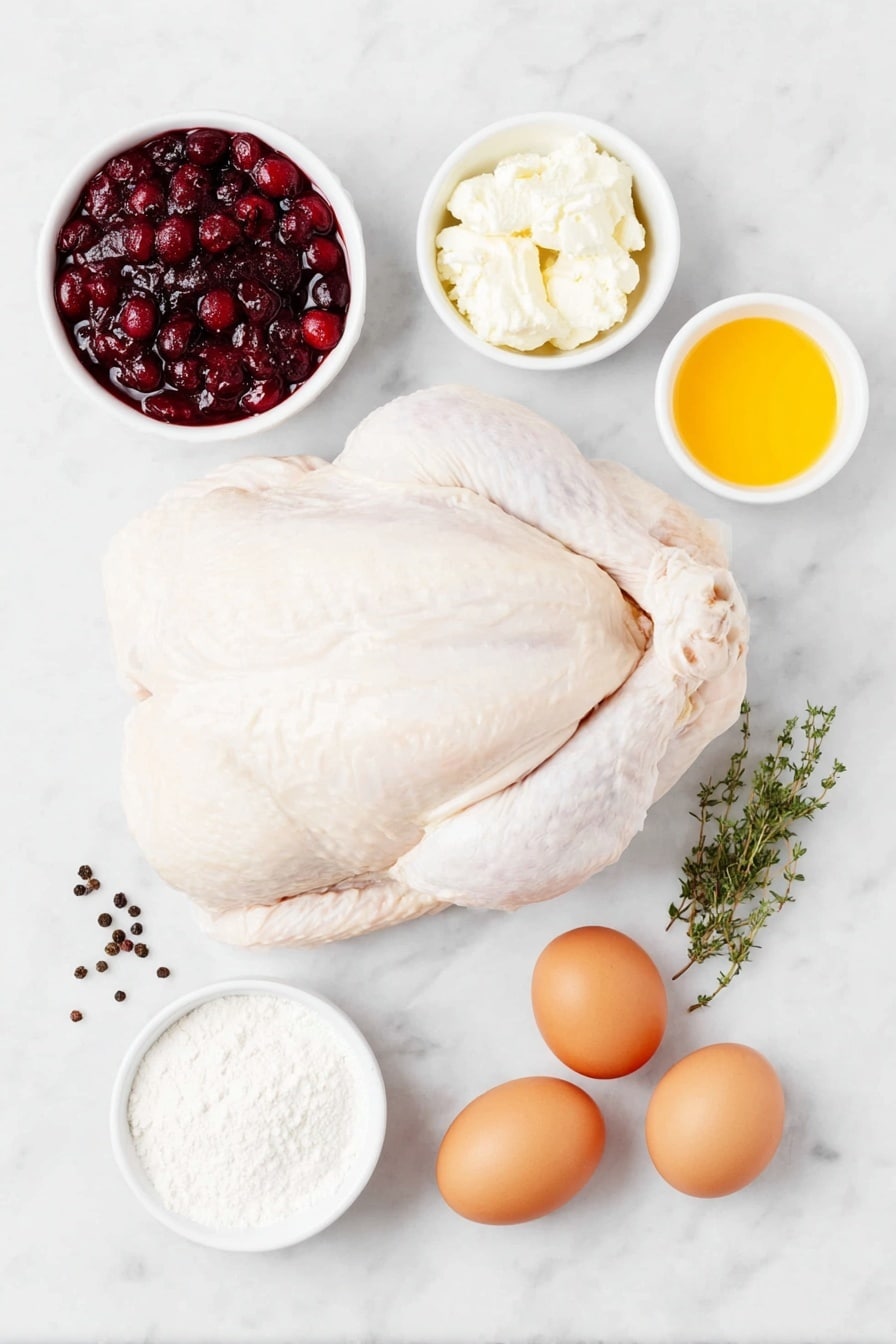 Crock Pot Cranberry Turkey Breast Recipe 7 Flat lay of a whole boneless turkey breast with netting intact, a small mound of coarse salt crystals, a few whole black peppercorns scattered, a small white ceramic bowl filled with glossy whole berry cranberry sauce, a small white ceramic bowl containing bright orange fresh orange juice, a small white ceramic bowl holding fine onion soup seasoning powder, a small white ceramic bowl with a smooth pale cornstarch powder, a small white ceramic bowl with clear cold water, and two large clean whole brown eggs placed neatly, all arranged in perfect symmetry on a clean white marble surface, soft natural light, photo taken with an iPhone, professional food photography style, fresh ingredients, white ceramic bowls, no bottles, no duplicates, no utensils, no packaging --ar 2:3 --v 7 --p m7354615311229779997 - Crock Pot Cranberry Turkey Breast, easy holiday turkey, slow cooker turkey recipe, juicy cranberry turkey, Thanksgiving turkey dinner