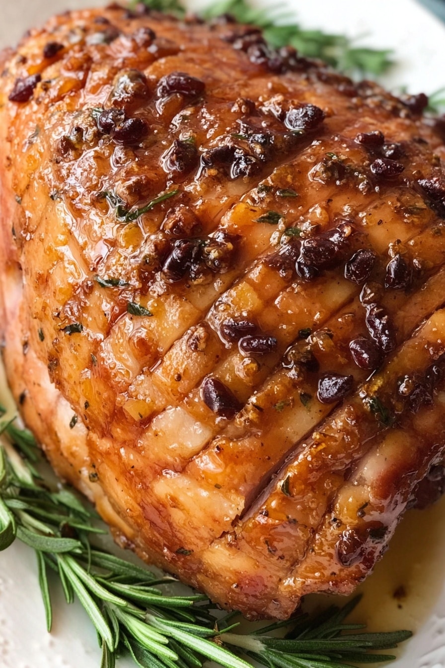 Crock Pot Cranberry Turkey Breast Recipe 6 The image shows a thick piece of cooked light tan meat with a shiny caramelized brown glaze on top, sitting on a white plate next to fresh green rosemary sprigs. A woman's hand is holding a silver fork, pulling apart soft slices of the meat, showing the moist and tender inside with slight texture lines. A white bowl filled with dark brown sauce is nearby on a white marbled surface. The lighting highlights the glossy glaze and tender meat fibers. photo taken with an iphone --ar 2:3 --v 7 - Crock Pot Cranberry Turkey Breast, easy holiday turkey, slow cooker turkey recipe, juicy cranberry turkey, Thanksgiving turkey dinner