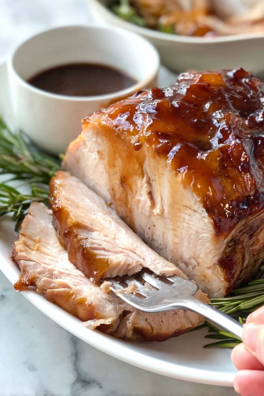 Crock Pot Cranberry Turkey Breast Recipe 8 A close-up of a cooked ham with a shiny, golden-brown glaze covering its surface, showing textured lines and pieces of dark brown cloves embedded. The ham rests on sprigs of fresh green rosemary, placed on a white plate with a white marbled background partially visible. The glaze creates a glossy effect that highlights the meat's texture and the herbs around it. Photo taken with an iphone --ar 2:3 --v 7 - Crock Pot Cranberry Turkey Breast, easy holiday turkey, slow cooker turkey recipe, juicy cranberry turkey, Thanksgiving turkey dinner