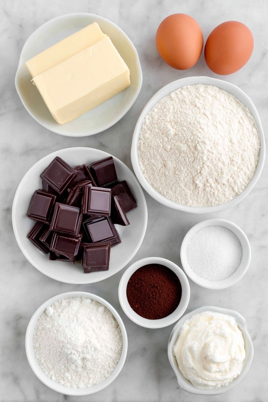 Flat lay of unsalted butter in a small white ceramic bowl, chopped semisweet chocolate pieces on a white ceramic plate, granulated sugar in a small white bowl, two whole brown eggs with clean shells, a small white bowl of vanilla extract, a small white bowl of cocoa powder, a small white bowl with instant coffee granules, all-purpose flour in a small white bowl, a small white bowl of salt, marshmallow fluff dolloped in a small white bowl, powdered sugar in a small white bowl placed symmetrically on a clean white marble surface, soft natural light, photo taken with an iPhone, professional food photography style, fresh ingredients, white ceramic bowls, no bottles, no duplicates, no utensils, no packaging --ar 2:3 --v 7 --p m7354615311229779997 - Hot Chocolate Brownies with Marshmallow Frosting, chocolate brownie dessert, marshmallow frosting recipe, cozy chocolate dessert, fudgy brownie with marshmallow topping