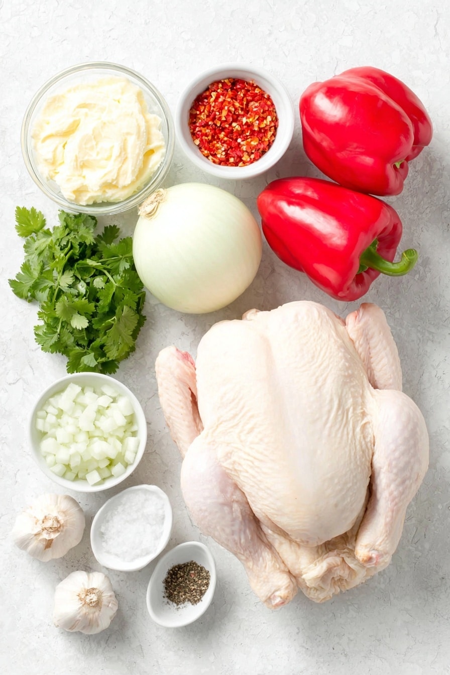 Flat lay of a whole clean raw chicken with pale skin, a whole fresh lime cut in half showing bright green flesh, three vibrant red bell peppers, two medium white onions with smooth skins, a small bunch of fresh green cilantro sprigs, four whole uncracked brown garlic cloves, a small white ceramic bowl filled with creamy pale mayonnaise, a small white ceramic bowl containing finely chopped red pepper, a small white ceramic bowl with finely chopped onion, a small white ceramic bowl with fresh lime juice, a small white ceramic bowl of coarse salt, and a small white ceramic bowl of ground black pepper, all arranged symmetrically on a clean white marble surface, soft natural light, photo taken with an iPhone, professional food photography style, fresh ingredients, white ceramic bowls, no bottles, no duplicates, no utensils, no packaging --ar 2:3 --v 7 --p m7354615311229779997 - Latin Mayo Roasted Chicken, Latin chicken marinade, flavorful roasted chicken, juicy Latin chicken recipe, easy Latin chicken dinner