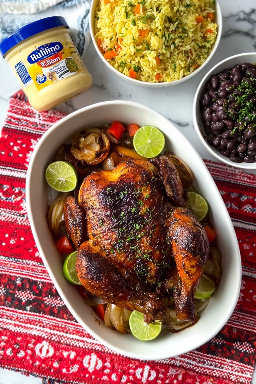 A whole roasted chicken with a dark brown, crispy skin is placed in a white oval dish. The chicken is garnished with small green herbs sprinkled on top, and lime wedges are arranged around it along with roasted vegetables that include slices of onions and red peppers. To the upper right of the chicken dish, there is a white bowl filled with yellow rice mixed with small pieces of vegetables like carrots and green herbs. Next to it, on the far right, another white bowl contains black beans topped with a few green herbs. In the upper left part of the image, a jar of mayonnaise with a blue lid and yellow and blue label is placed on a red woven cloth with white patterns, which is under the main chicken dish. The background surface is a white marbled texture. Photo taken with an iphone --ar 2:3 --v 7 - Latin Mayo Roasted Chicken, Latin chicken marinade, flavorful roasted chicken, juicy Latin chicken recipe, easy Latin chicken dinner