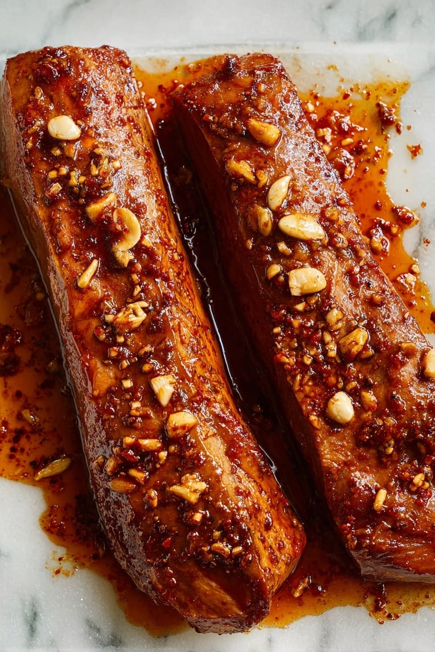 The image shows two long meat pieces placed side by side on a white marbled surface. Both meat pieces are covered with a dark orange-brown sauce that has visible spices and small pieces of chopped garlic scattered on top and around them. The texture of the meat looks smooth and moist, with some parts showing a slightly charred or grilled appearance. The sauce pools slightly around the edges, giving a shiny and rich look to the dish. photo taken with an iphone --ar 2:3 --v 7 - Juicy Pork Tenderloin Roast, pork tenderloin recipes, flavorful pork roast, easy pork roast ideas, tender pork main dish