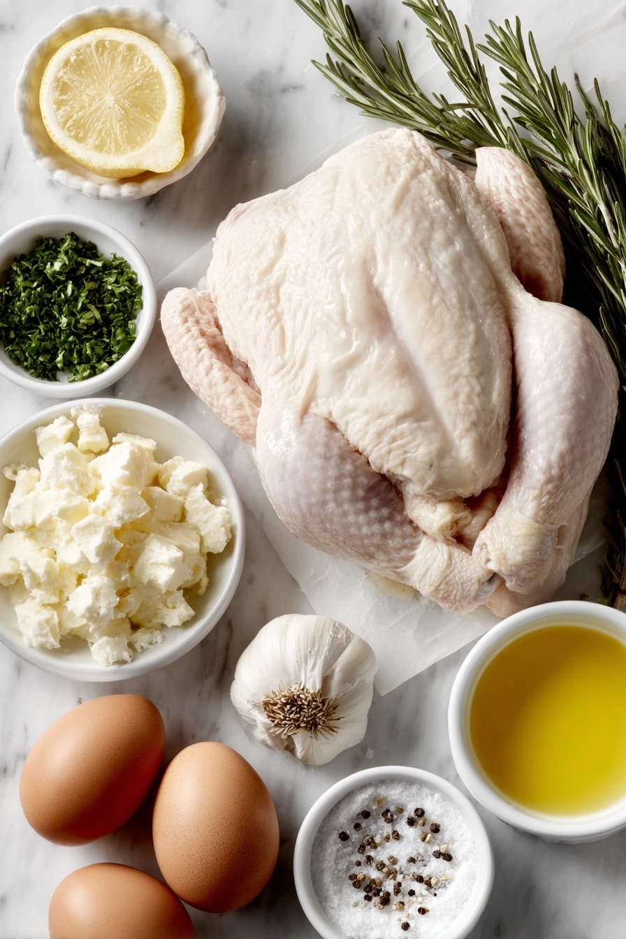 Flat lay of a whole raw chicken with pale pink skin, a few bright green rosemary sprigs, a halved yellow lemon showing juicy interior, four whole uncracked brown eggs, a small white ceramic bowl of melted golden butter, a small white bowl with finely minced fresh garlic cloves, a small white bowl with coarse chopped green parsley, a small white bowl containing white garlic powder, a small white bowl with coarse salt crystals, a small white bowl with freshly ground black pepper, a garlic head cut in half horizontally revealing the cloves, placed on a clean white marble surface, soft natural light, photo taken with an iPhone, professional food photography style, fresh ingredients, white ceramic bowls, no bottles, no duplicates, no utensils, no packaging --ar 2:3 --v 7 --p m7354615311229779997 - Garlic Herb Roast Chicken, roast chicken with garlic and herbs, juicy roast chicken recipe, crispy skin chicken, easy roast chicken