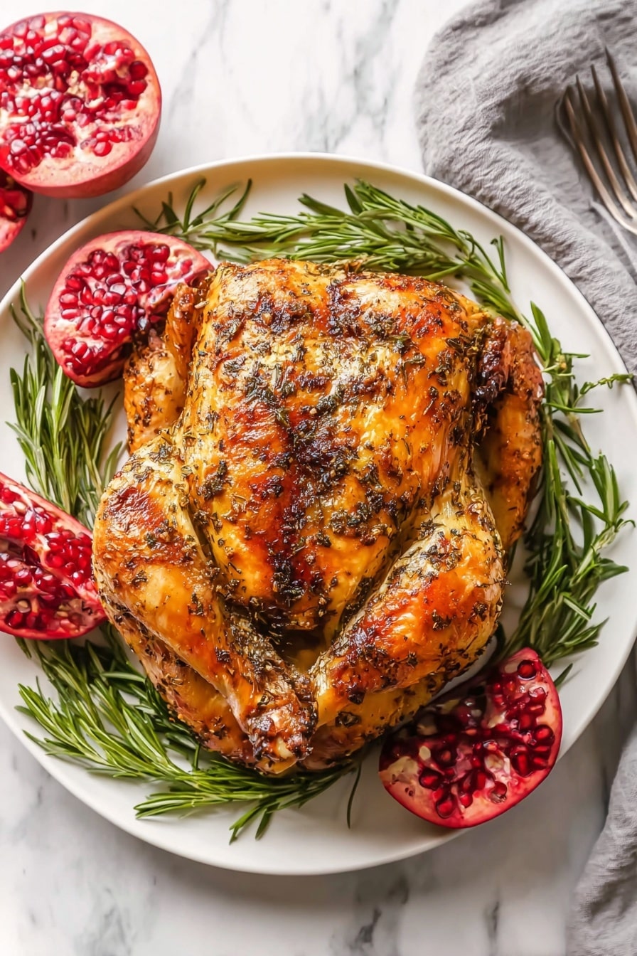 A whole roasted chicken with a golden brown, crispy skin that is speckled with herbs and spices. The chicken is resting on a white plate with some green herbs and slices of red roasted vegetables around it. A woman's hand is holding a silver fork slicing into the chicken, revealing juicy and tender light meat inside. The white marbled background contrasts softly with the rich warm colors of the chicken and vegetables. photo taken with an iphone --ar 2:3 --v 7 - Garlic Herb Roast Chicken, roast chicken with garlic and herbs, juicy roast chicken recipe, crispy skin chicken, easy roast chicken