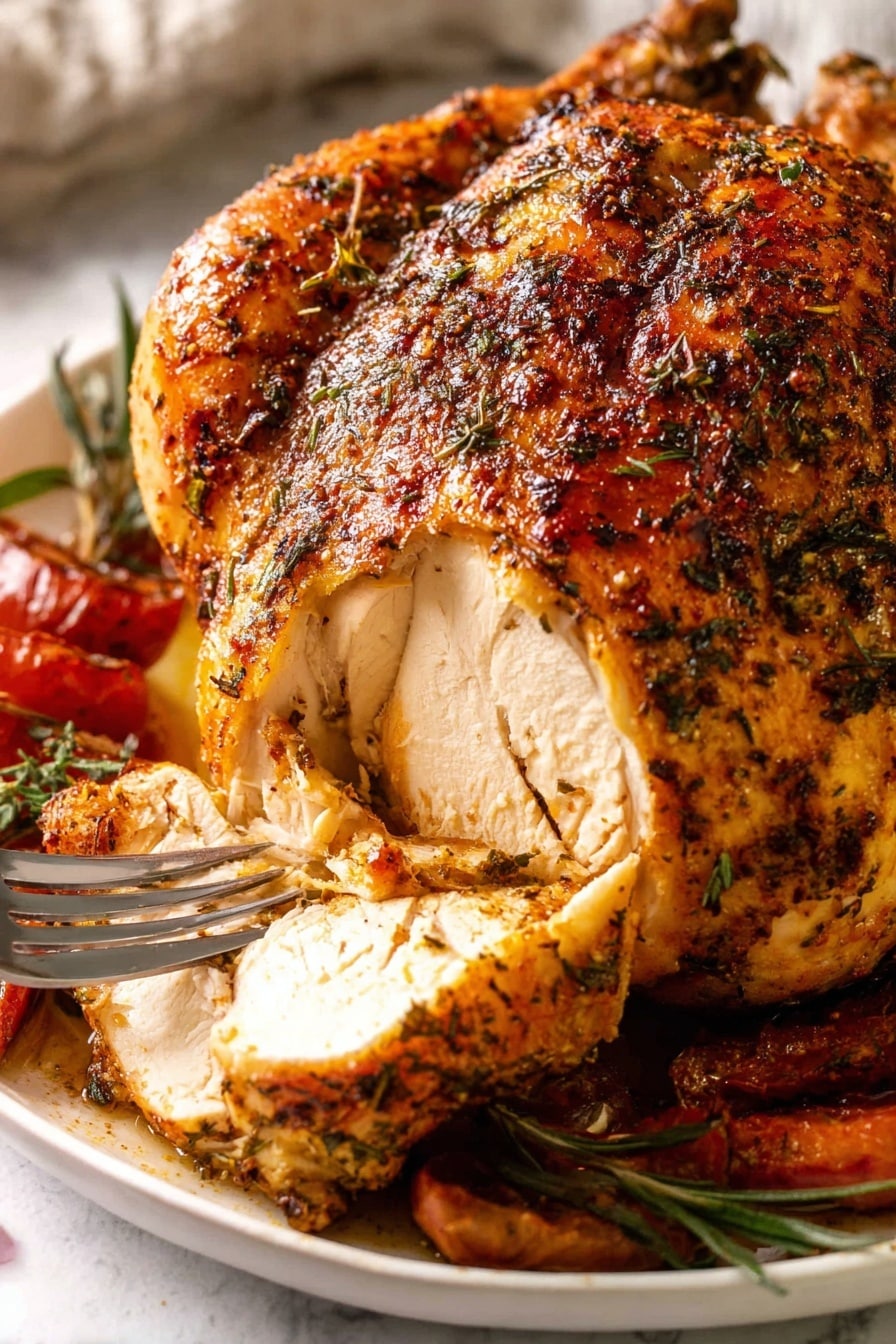A whole roasted chicken sits in a black cast iron pan, showing a crispy roasted skin with a mix of golden brown and darker charred spots from the spices and herbs spread over it. The chicken is tied at the legs with a string and has lemon seeps out slightly underneath the bird. To the right side inside the pan is a large shiny metal knife resting on the edge. The pan is placed on a white marbled surface with a small round white bowl filled with chopped green herbs in the upper right corner and a light gray cloth draped loosely in the top left background. Photo taken with an iphone --ar 2:3 --v 7 - Garlic Herb Roast Chicken, roast chicken with garlic and herbs, juicy roast chicken recipe, crispy skin chicken, easy roast chicken