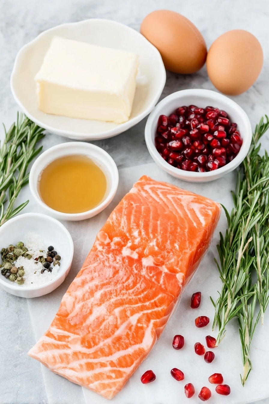 Flat lay of a fresh raw salmon fillet with bright pink flesh, a small white bowl filled with deep red pomegranate molasses, a small white bowl with amber maple syrup, a pat of creamy butter on a simple white ceramic dish, a small white bowl holding golden vanilla extract, a small white bowl with dried rosemary leaves, whole uncracked brown eggs with smooth shells, tiny white bowls containing fine salt and black peppercorns, scattered shiny red pomegranate seeds, and fresh green rosemary sprigs, all arranged with perfect symmetry on a clean white marble surface, soft natural light, photo taken with an iPhone, professional food photography style, fresh ingredients, white ceramic bowls, no bottles, no duplicates, no utensils, no packaging --ar 2:3 --v 7 --p m7354615311229779997 - Maple Pomegranate Glazed Salmon, glazed salmon recipes, holiday salmon dishes, easy seafood recipes, festive salmon dinner