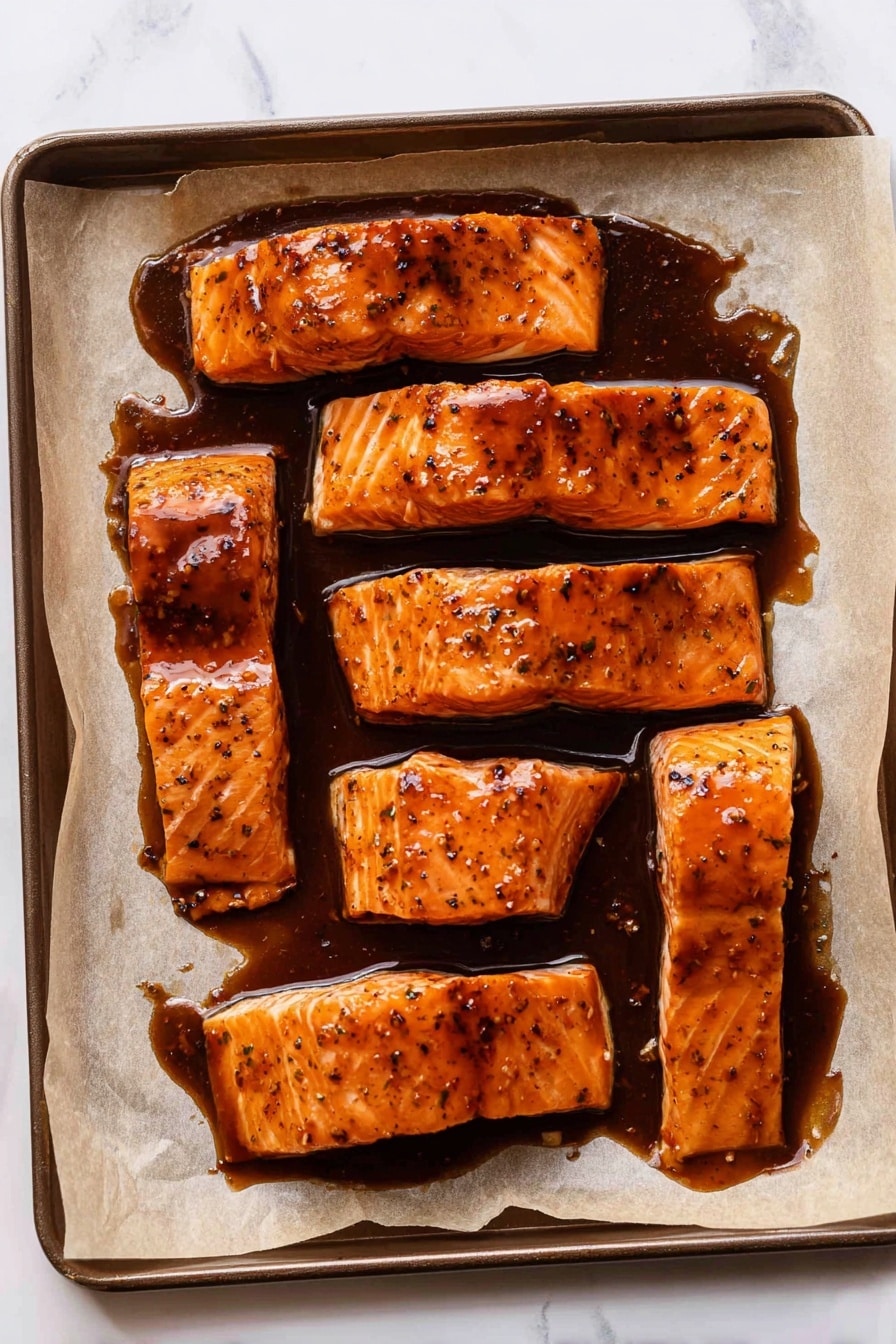 Six pieces of orange salmon fillets are laid out on a baking sheet lined with parchment paper. Each fillet is covered in a shiny dark brown marinade with visible herbs and spices, creating a glossy, slightly sticky look. The salmon skin is not visible, and the pieces are arranged in two rows with three fillets in each. The baking sheet rests on a white marbled surface. photo taken with an iphone --ar 2:3 --v 7 - Maple Pomegranate Glazed Salmon, glazed salmon recipes, holiday salmon dishes, easy seafood recipes, festive salmon dinner