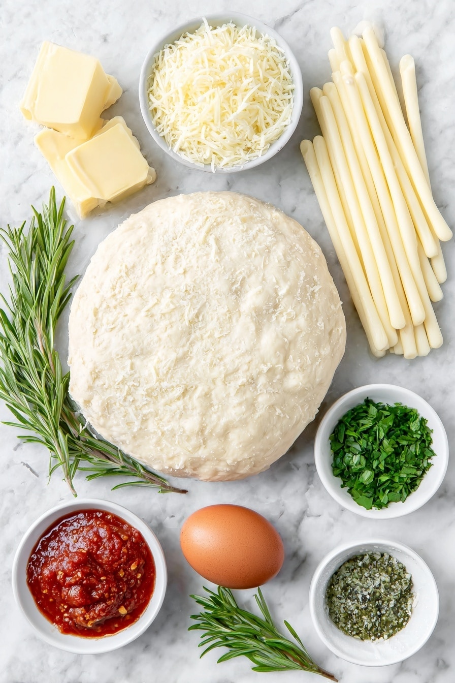 Flat lay of fresh refrigerator pizza dough ball, several mozzarella cheese sticks with smooth white surfaces, one large whole brown egg with clean shell, small white ceramic bowl with melted butter, small white ceramic bowl with grated parmesan cheese, small white ceramic bowl with finely chopped fresh parsley, small white ceramic bowl with finely chopped fresh rosemary, small white ceramic bowl with finely chopped fresh basil, small white ceramic bowl with grated garlic, small white ceramic bowl with red marinara sauce, and small white ceramic bowl with green pesto sauce, all arranged in perfect symmetry placed on a clean white marble surface, soft natural light, photo taken with an iPhone, professional food photography style, fresh ingredients, white ceramic bowls, no bottles, no duplicates, no utensils, no packaging --ar 2:3 --v 7 --p m7354615311229779997 - Cheesy Christmas Tree Bread, festive bread appetizer, holiday cheese bread, Christmas bread recipe, easy holiday party appetizer