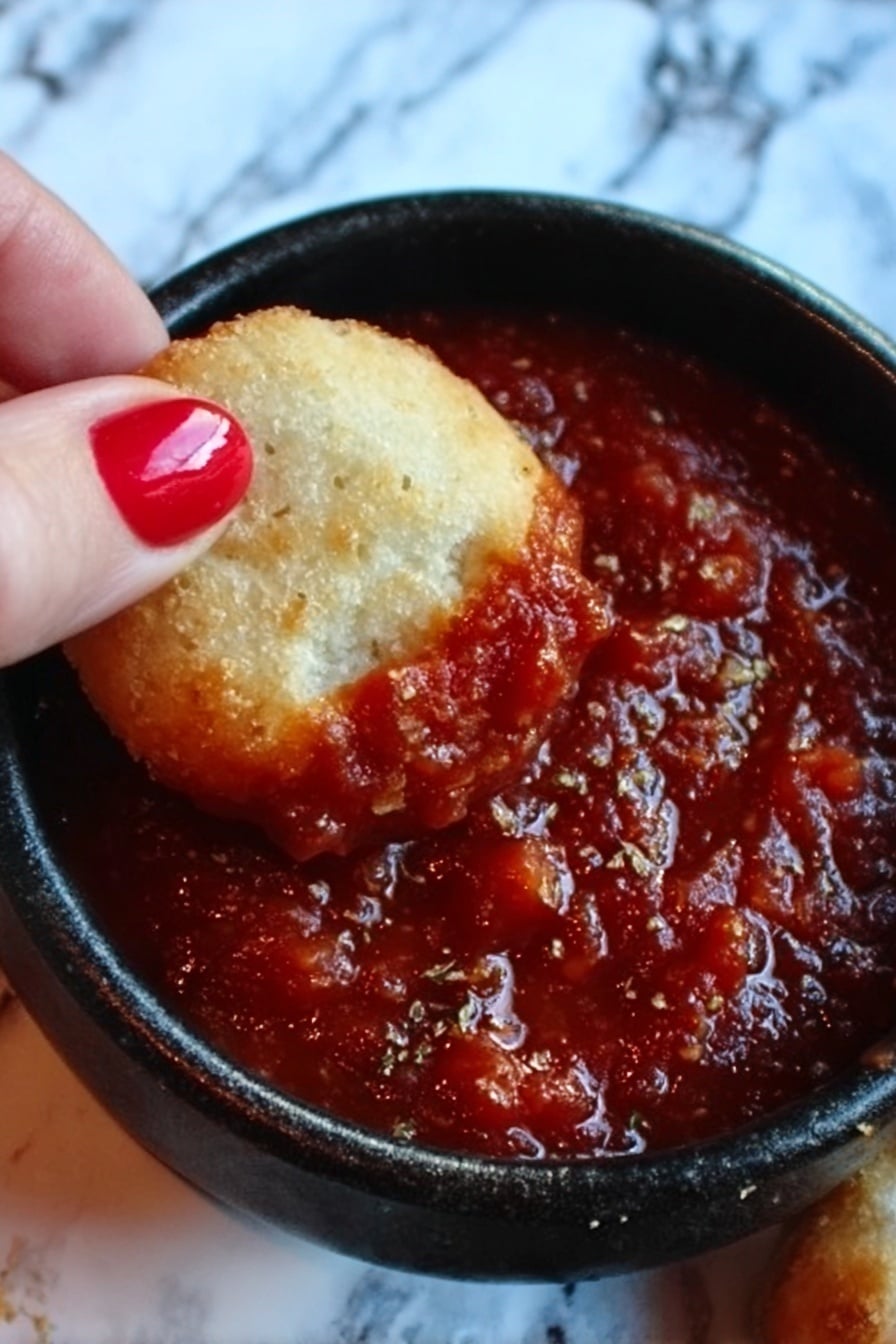 The image shows a close-up of a small black bowl filled with thick, red tomato sauce with visible chunks and texture. Above the bowl, a woman's hand with red nail polish is holding a round, golden-brown biscuit or bread piece that is partially dipped into the sauce. The background is a white marbled surface. photo taken with an iphone --ar 2:3 --v 7 - Cheesy Christmas Tree Bread, festive bread appetizer, holiday cheese bread, Christmas bread recipe, easy holiday party appetizer