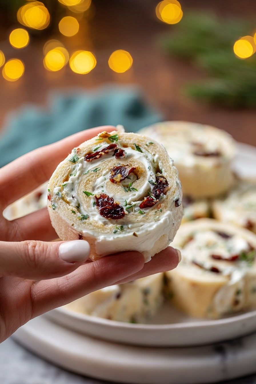 A woman's hand is holding a small round roll made of soft white bread spread with a creamy white layer mixed with small green herb bits and dark red dried fruit pieces. The roll is sliced to show the spiral of the bread and filling, displaying three visible layers: the smooth outer bread, the creamy filling with green herbs, and the scattered dried fruit inside. In the blurred background, a white plate holds several more of these rolls arranged close together. The scene is set on a white marbled surface with warm yellow bokeh lights in the background adding a cozy feel. Photo taken with an iphone --ar 2:3 --v 7 - Cranberry Feta Roll-Ups, cranberry feta appetizer, holiday snack ideas, easy savory roll-ups, festive appetizer recipes