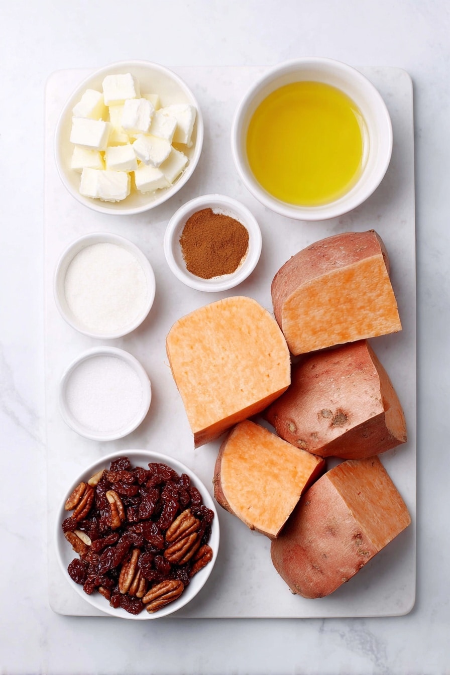 Flat lay of large peeled sweet potato cubes, small white bowl of extra virgin olive oil, small white bowl of ground cinnamon, small white bowl of ground nutmeg, small white bowl of almond milk, small white bowl of vanilla extract, small white bowl of cubed unsalted butter, small white bowl of organic brown sugar, small white bowl of pure maple syrup, small white bowl of ground allspice, small white bowl of organic raisins, small white bowl of white marshmallows, small white bowl of raw pecans placed on a clean white marble surface, soft natural light, photo taken with an iPhone, professional food photography style, fresh ingredients, white ceramic bowls, no bottles, no duplicates, no utensils, no packaging --ar 2:3 --v 7 --p m7354615311229779997 - Sweet Potato Casserole with Maple and Pecan Topping, sweet potato casserole recipe, holiday side dish recipes, cozy Thanksgiving side dish, pecan topping dessert