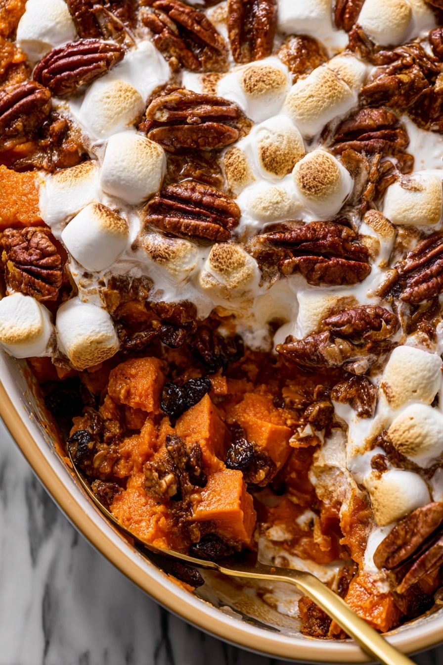 A close-up of a warm casserole dish filled with layers of soft orange sweet potato chunks mixed with dark raisins and covered with toasted white marshmallows. On top, there is a generous layer of shiny, textured pecan halves scattered unevenly. The casserole is partially scooped out with a golden spoon resting on the right side inside a white marbled kitchen surface. The sweet potato appears soft and slightly chunky with a rich orange color, while the pecans add a deep brown contrast. Photo taken with an iphone --ar 2:3 --v 7 - Sweet Potato Casserole with Maple and Pecan Topping, sweet potato casserole recipe, holiday side dish recipes, cozy Thanksgiving side dish, pecan topping dessert