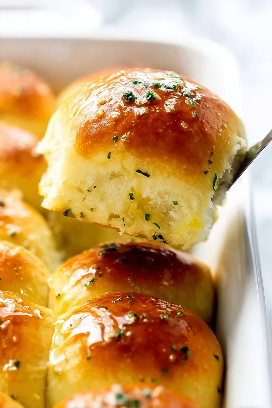 The image shows a close-up of a soft, golden brown dinner roll being lifted with a spatula above a white baking dish filled with similar rolls. The roll's top layer has a shiny, brushed butter look with small green herb bits sprinkled over it and a few grains of coarse salt visible. The roll’s texture looks fluffy and slightly uneven with a light yellow color beneath the browned surface. The background is a white marbled texture that softly blurs out the rest of the rolls in the dish. Photo taken with an iphone --ar 2:3 --v 7 - Rosemary Garlic Dinner Rolls, homemade dinner rolls, quick bread recipes, savory bread recipes, fluffy dinner rolls