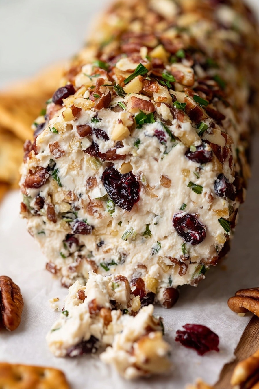 A close-up image shows a woman's hand holding a round cracker topped with a creamy white cheese spread mixed with small pieces of red cranberries and chopped brown nuts, likely pecans, with some green herbs for color. A wooden board below holds several more crackers arranged in a layered arc along the top and right edge, some topped with the same cheese and dried fruit mix, resting on crumpled white parchment paper. The whole scene sits on a white marbled surface, creating a clean and bright background. photo taken with an iphone --ar 2:3 --v 7 - Cranberry Pecan Cheese Log, Cranberry Pecan Cheese Log, festive cheese appetizer, easy cheese log recipe, holiday party appetizer
