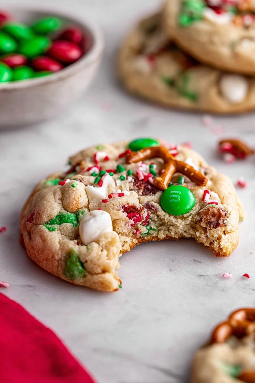 A soft, round cookie sits on a white marbled surface, with one bite taken from the right side, showing its chewy interior. The cookie dough is light tan with a slightly crumbly texture and is packed with bright green and red candy pieces, small red and green sprinkles, and light brown pretzel bits embedded throughout. Behind it, parts of two similar cookies and a small bowl filled with more green and red candies are visible, all placed on the same white marbled surface. A bright red cloth is partly visible in the lower left corner. Photo taken with an iphone --ar 2:3 --v 7 - Christmas Cookie Sinkers without recipe, holiday cookie recipes, festive cookies with M&Ms and chips, easy Christmas cookies, colorful holiday treats