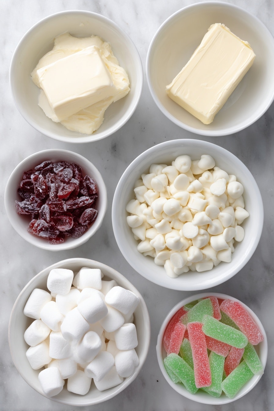 Flat lay of a small slab of golden butter, a simple white ceramic bowl filled with smooth white chocolate chips, a white ceramic bowl brimming with fluffy mini marshmallows, and a white ceramic bowl holding an assortment of vibrant red and green chopped gumdrops, all arranged with perfect symmetry, fresh and natural, placed on a clean white marble surface, soft natural light, photo taken with an iPhone, professional food photography style, fresh ingredients, white ceramic bowls, no bottles, no duplicates, no utensils, no packaging --ar 2:3 --v 7 --p m7354615311229779997 - White Chocolate Marshmallow Candy, White Chocolate Marshmallow Candy Recipe, Festive Candy Recipes, No-Bake Holiday Treats, Easy Christmas Candy