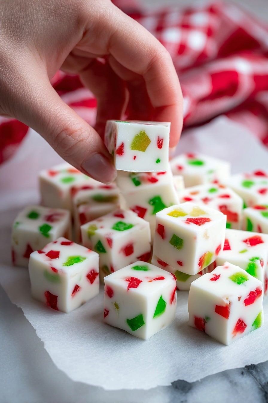 A woman's hand is holding a small white square jelly candy piece with bright red and green jelly bits inside it. Beneath, there is a pile of the same white jelly candy cubes, each containing scattered red and green pieces with a soft, smooth texture. The candies are placed on white parchment paper over a white marbled surface, and a red-and-white checkered cloth is visible blurred in the background. photo taken with an iphone --ar 2:3 --v 7 - White Chocolate Marshmallow Candy, White Chocolate Marshmallow Candy Recipe, Festive Candy Recipes, No-Bake Holiday Treats, Easy Christmas Candy