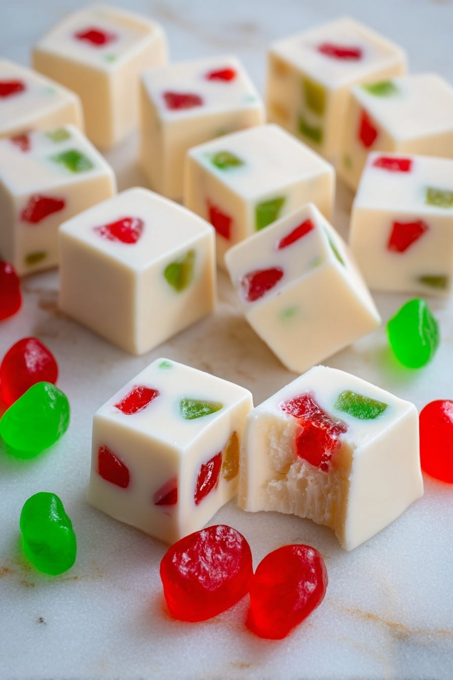 Small cubes of creamy white candy are scattered on a white marbled surface. Each cube contains embedded red and green jelly-like pieces, adding bright spots of color inside the smooth, soft-textured candy. One cube in the front has a bite taken out, showing the same creamy white inside with bits of the red and green jelly. Around the cubes, there are loose red and green gumdrop candies with a shiny, translucent surface. The overall scene is bright and colorful with a mix of smooth and slightly shiny textures. Photo taken with an iphone --ar 2:3 --v 7 - White Chocolate Marshmallow Candy, White Chocolate Marshmallow Candy Recipe, Festive Candy Recipes, No-Bake Holiday Treats, Easy Christmas Candy