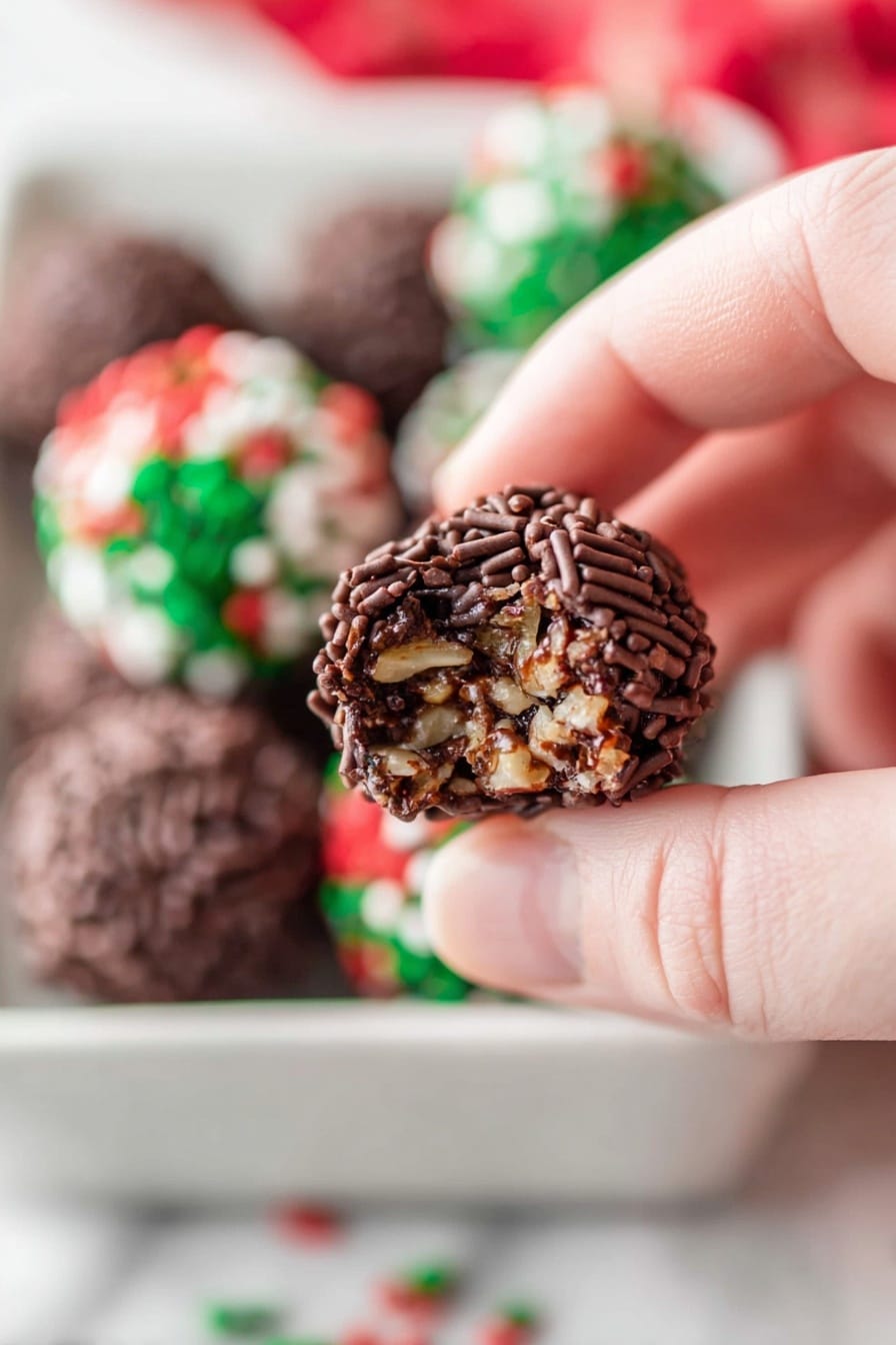A close-up image of a woman's hand holding a small chocolate ball covered in dark brown chocolate sprinkles, with a bite taken out showing a dense, textured inside of mixed nuts and chocolate. In the blurred background, more chocolate balls with red, green, and white sprinkles are visible, all placed in a white tray on a white marbled surface. Photo taken with an iphone --ar 2:3 --v 7 - No Bake Chocolate Rum Balls, easy chocolate rum treats, boozy chocolate desserts, quick no bake snacks, decadent rum ball recipes