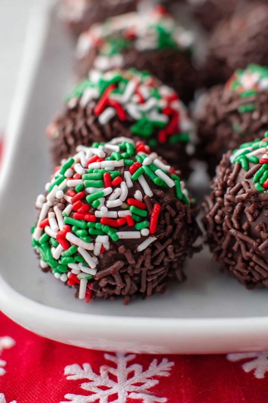 A close-up image shows round chocolate balls covered with dark chocolate sprinkles mixed with green, red, and white sprinkles scattered evenly on top. The balls have a rough texture from the sprinkles and are arranged in a row on a white plate with a smooth curved edge. The plate sits on a white marbled surface with a hint of a red cloth with white snowflake patterns at the bottom edge of the image. The photo was taken with an iphone --ar 2:3 --v 7 - No Bake Chocolate Rum Balls, easy chocolate rum treats, boozy chocolate desserts, quick no bake snacks, decadent rum ball recipes