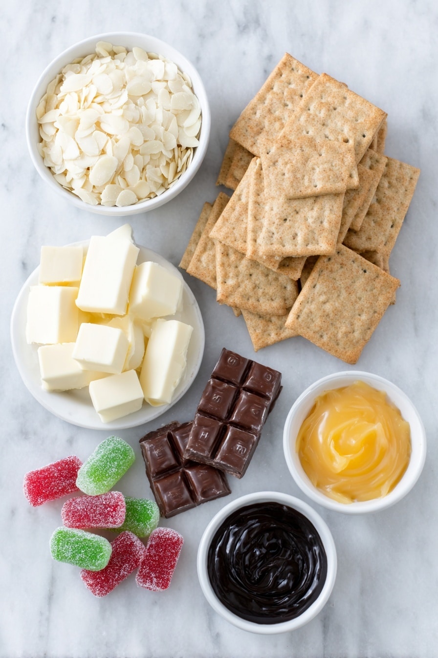 Flat lay of a small pile of smooth, creamy white almond bark chunks, a neat stack of twelve golden Oreo cookies with bright golden cream centers, six glossy red and green gumdrops cut in half showing their sugary texture, a few separated lengths of shiny red Twizzler pull and peel candy strips, scattered handful of red and green mini M&Ms with vibrant, glossy shells, small white ceramic bowls holding smooth black and bright orange cookie icing gels, all arranged symmetrically on a clean white marble surface, soft natural light, photo taken with an iPhone, professional food photography style, fresh ingredients, white ceramic bowls, no bottles, no duplicates, no utensils, no packaging --ar 2:3 --v 7 --p m7354615311229779997 - Snowman Candy Bark, Candy Bark Recipe for Christmas, Festive Holiday Treats, Easy Christmas Candy Ideas, Winter Dessert Recipes