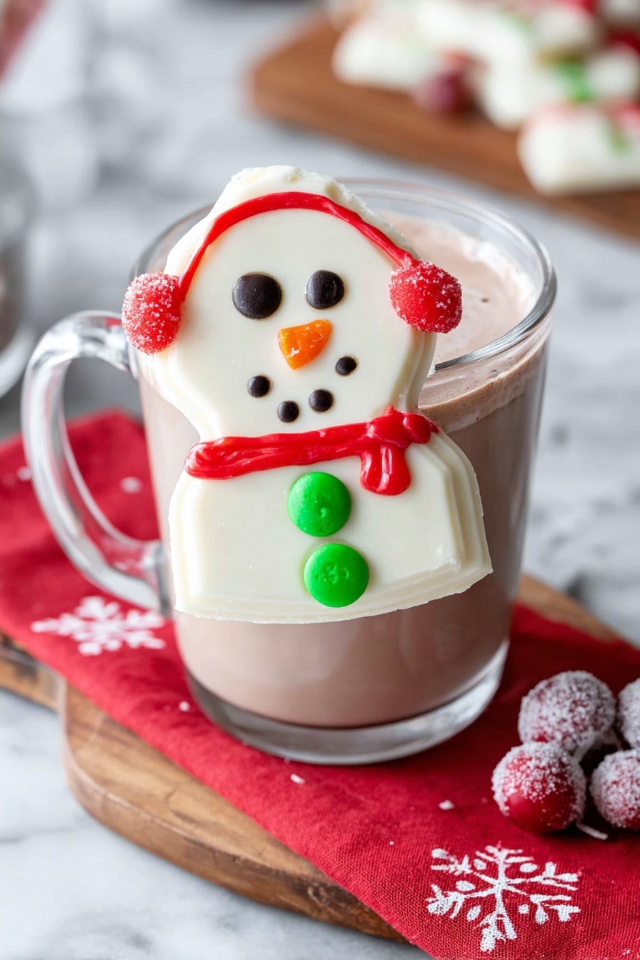 A clear glass mug filled with light brown hot chocolate sits on a white marbled surface. Leaning against the mug is a large white chocolate shard decorated like a snowman’s face and upper body. The snowman is made from a round white dollop with black candy eyes and mouth dots, plus an orange candy nose. Red candy earmuffs frame the snowman’s face with a red icing band across the top. Below the face are three green candy buttons arranged vertically on the white chocolate. Nearby on the wooden board, there are frosted red berries and a white chocolate leaf on a red napkin with white snowflake designs. Photo taken with an iphone --ar 2:3 --v 7 - Snowman Candy Bark, Candy Bark Recipe for Christmas, Festive Holiday Treats, Easy Christmas Candy Ideas, Winter Dessert Recipes