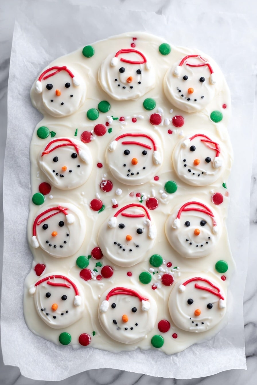 The image shows a white marbled surface with a layer of thick, smooth white chocolate spread unevenly across a piece of white parchment paper. Embedded in the white chocolate are twelve round white snowman faces made from a candy base, each decorated with small black candies for eyes and mouth, an orange candy for the nose, and red or green gumdrop earmuffs connected by thin red licorice strips. Sprinkles of red and green round candies are scattered around the snowmen as buttons and accents, adding a festive touch. The whole scene is bright and colorful with a playful winter holiday theme, photo taken with an iphone --ar 2:3 --v 7 - Snowman Candy Bark, Candy Bark Recipe for Christmas, Festive Holiday Treats, Easy Christmas Candy Ideas, Winter Dessert Recipes