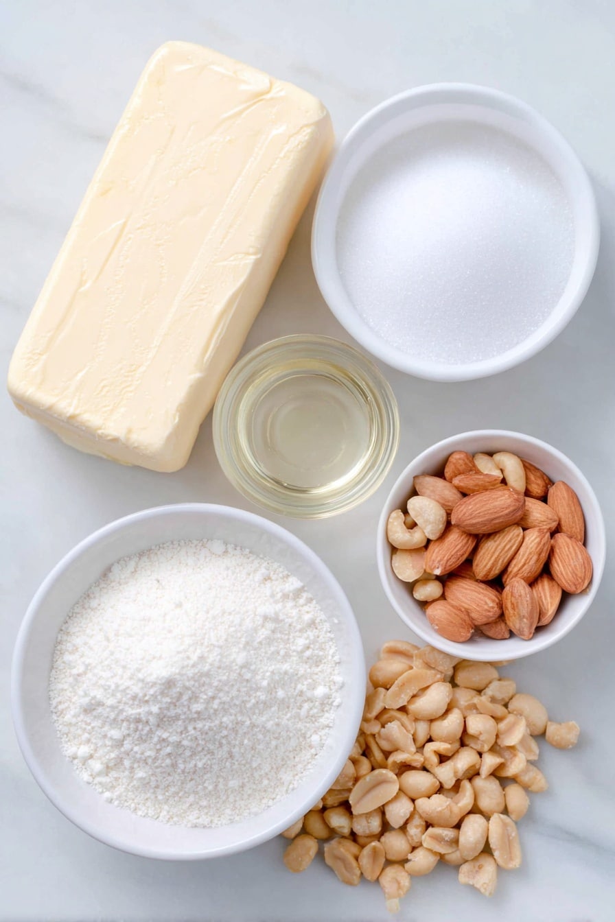 Flat lay of half a small block of salted butter, a small white ceramic bowl of granulated sugar, a small white ceramic bowl of light corn syrup, a small white ceramic bowl of clear water, a small heap of fine baking soda powder, a small pile of almond slices, and a small pile of salted peanuts, all arranged in perfect symmetry in a balanced layout, placed on a clean white marble surface, soft natural light, photo taken with an iPhone, professional food photography style, fresh ingredients, white ceramic bowls, no bottles, no duplicates, no utensils, no packaging --ar 2:3 --v 7 --p m7354615311229779997 - Homemade Nut Brittle, nut brittle recipe, caramel nut candies, crunchy nut sweets, easy candy making