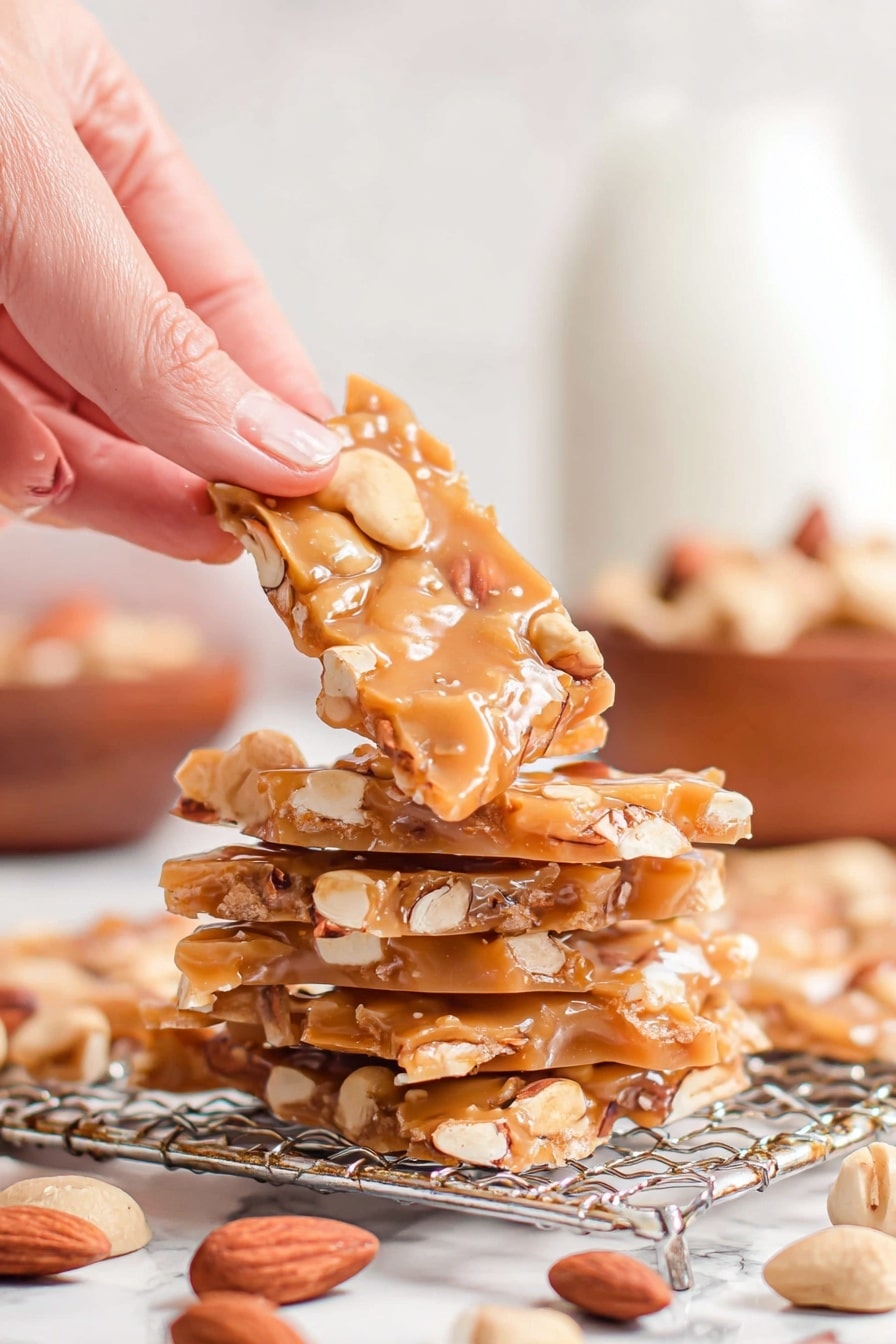 A woman's hand is holding up a piece of light brown nut brittle with visible whole almonds and cashews embedded in it. Below, there is a stack of four pieces of the same nut brittle, each piece thin and flat, showing off the nuts inside. The stack rests on a silver wire rack placed over a white marbled surface. Scattered around the rack are whole almonds and cashews, while the blurred background shows a white bottle and a wooden bowl. The overall image is bright and clear with warm tones. photo taken with an iphone --ar 2:3 --v 7 - Homemade Nut Brittle, nut brittle recipe, caramel nut candies, crunchy nut sweets, easy candy making