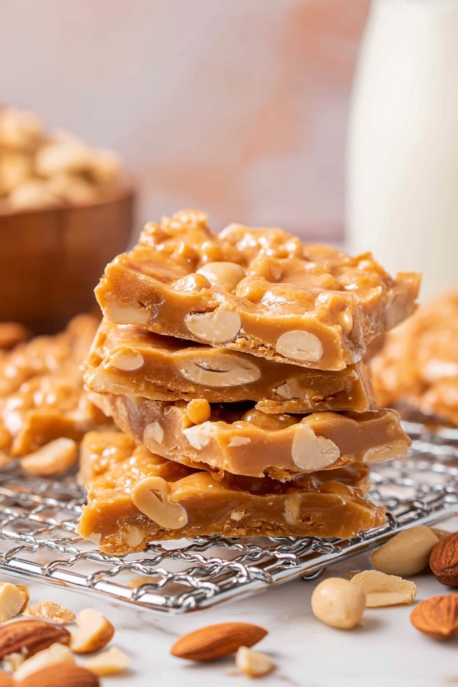 A baking tray lined with brown parchment paper holds an uneven layer of sticky, light brown nut brittle spread out roughly; visible within the brittle are whole and sliced almonds giving it a textured look with creamy and crunchy parts. The tray sits on a white marbled surface with scattered almonds and a wooden spoon with some of the same brittle mixture on its head placed nearby, enhancing the homemade feel. photo taken with an iphone --ar 2:3 --v 7 - Homemade Nut Brittle, nut brittle recipe, caramel nut candies, crunchy nut sweets, easy candy making