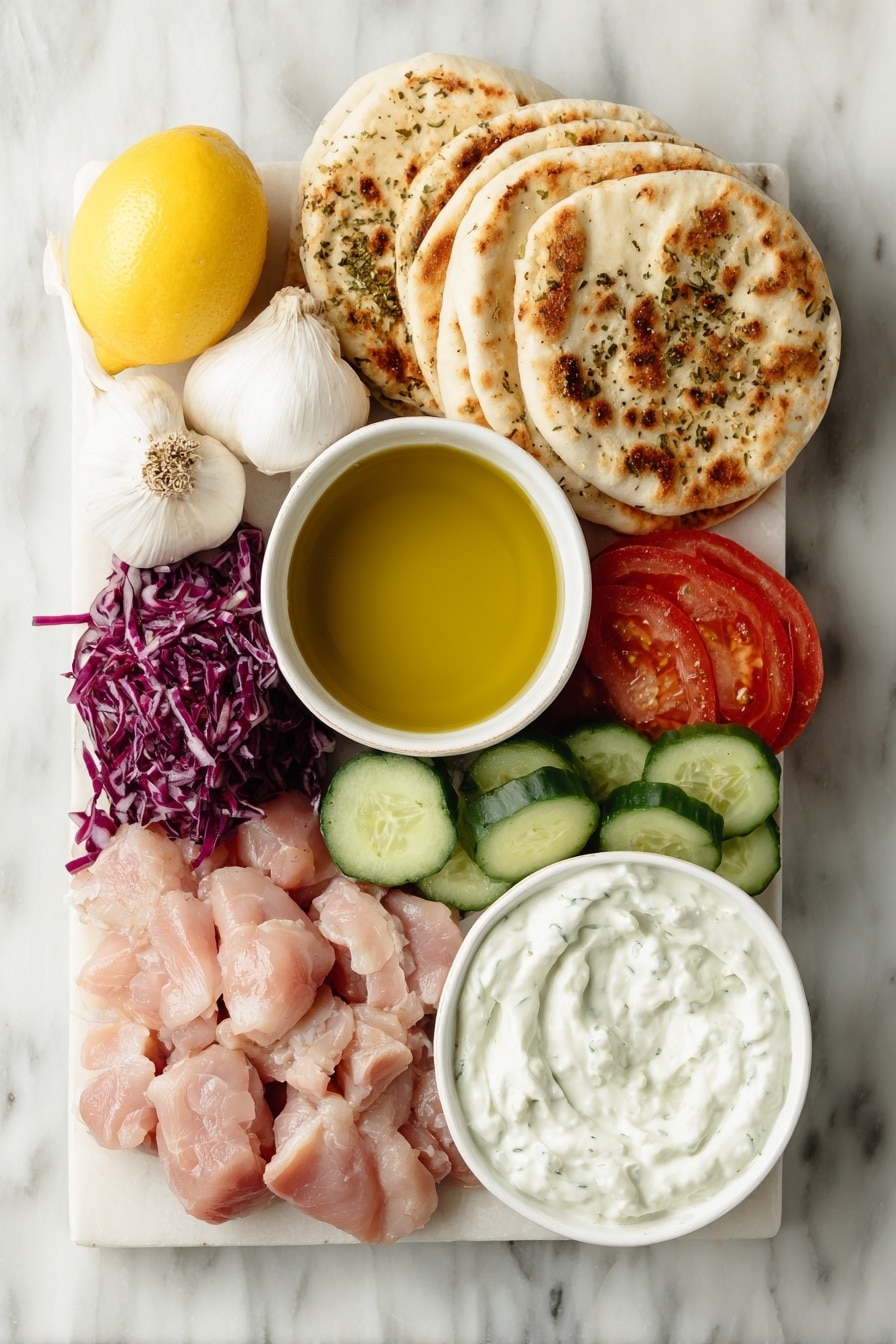 Flat lay of a small white ceramic bowl of golden olive oil, two whole bright yellow lemons, three fresh garlic cloves, a small mound of assorted shawarma spices in a neat pile, raw boneless skinless chicken thighs fresh and pink, six round soft pita breads stacked, a ripe red tomato sliced, a green cucumber sliced, half a red onion thinly sliced, a pile of vibrant sliced red cabbage, and a small white ceramic bowl of creamy white tzatziki dip all arranged in perfect symmetry placed on a clean white marble surface, soft natural light, photo taken with an iPhone, professional food photography style, fresh ingredients, white ceramic bowls, no bottles, no duplicates, no utensils, no packaging --ar 2:3 --v 7 --p m7354615311229779997 - Easy Chicken Shawarma Wraps, Chicken Shawarma Wraps, Shawarma Wraps Recipe, Homemade Chicken Shawarma, Quick Chicken Wraps