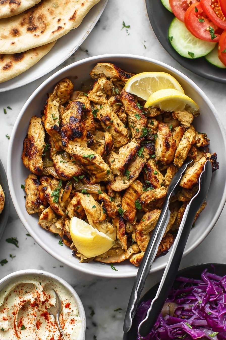 The image shows a white bowl filled with many pieces of cooked, sliced chicken that have a golden-brown color with some darker grilled parts. The chicken pieces are topped with small green herbs and two lemon wedges placed on top at different spots. A pair of silver tongs with black handles rests inside the bowl among the chicken pieces. Around the bowl on a white marbled surface, there are parts of other plates visible, including flatbreads to the left, and a slice of tomato and cucumber on a white plate near the top right. At the bottom right, a white plate contains purple cabbage, and near the bottom left, there is a small white bowl with a creamy dip sprinkled with red spices and green herbs. Photo taken with an iphone --ar 2:3 --v 7 - Easy Chicken Shawarma Wraps, Chicken Shawarma Wraps, Shawarma Wraps Recipe, Homemade Chicken Shawarma, Quick Chicken Wraps