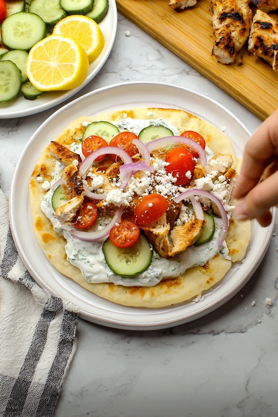 A round flatbread lies in a shallow white plate on a white marbled surface. The first layer on the bread is a white creamy sauce spread thickly with small green herb bits. On top of this sauce, there are pieces of golden brown grilled chicken arranged in the center. The next layer has fresh cucumber slices with light green skin and pale inner flesh, placed along the chicken. Then, there are thin rings of purple onion set over the cucumbers. Finally, halved bright red cherry tomatoes with juicy textures are arranged on top. A woman's hand is sprinkling white crumbled cheese over the stack. Around the plate, there is a wooden cutting board with grilled chicken pieces on the right, and a striped cloth with lemon halves and a white plate holding cucumbers, onion rings, and cherry tomatoes on the left. photo taken with an iphone --ar 2:3 --v 7 - Easy Chicken Shawarma Wraps, Chicken Shawarma Wraps, Shawarma Wraps Recipe, Homemade Chicken Shawarma, Quick Chicken Wraps