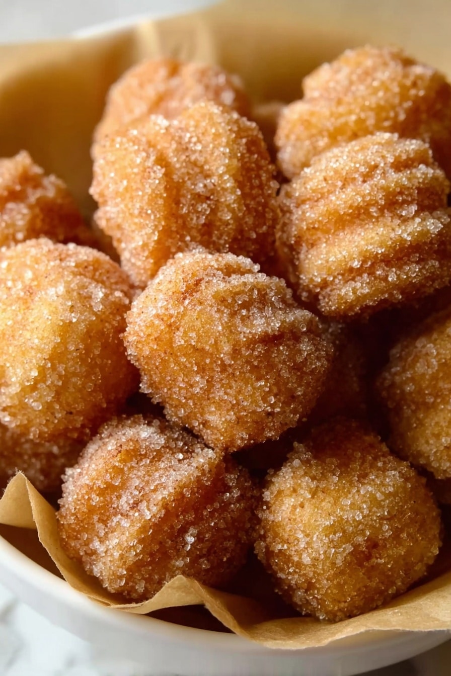 A close-up image of a woman's hand holding a small, square, golden-brown cinnamon sugar-coated piece of food, dripping a thin line of honey or syrup. Below it, there is a white ridged cup with a gold-trimmed rim filled with amber-colored liquid sauce. The scene is set on a dark wooden surface with a blurred background, softened by neutral-toned fabric. Photo taken with an iphone --ar 2:3 --v 7 - Cinnamon Sugar Churro Bites Cinnamon Sugar Churro Bites Easy Churro Bites Crispy Churro Bites