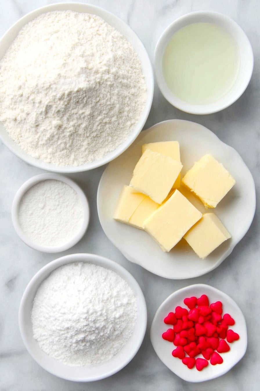 Flat lay of a simple white ceramic bowl filled with fine white cake mix powder, a few tablespoons of unsalted butter softened into smooth pale yellow chunks on a white ceramic plate, two whole uncracked brown eggs with clean shells resting side by side, a small white ceramic bowl holding a translucent pale green gel, a small white ceramic bowl containing fine white powdered sugar, a small white ceramic bowl with white cornstarch powder, and several bright red heart-shaped sprinkles scattered neatly in a small white ceramic dish, all arranged in perfect symmetry, placed on a clean white marble surface, soft natural light, photo taken with an iPhone, professional food photography style, fresh ingredients, white ceramic bowls, no bottles, no duplicates, no utensils, no packaging --ar 2:3 --v 7 --p m7354615311229779997 - Grinch Peppermint Cookies, peppermint holiday cookies, green Christmas cookies, easy festive cookie recipe, minty holiday treats