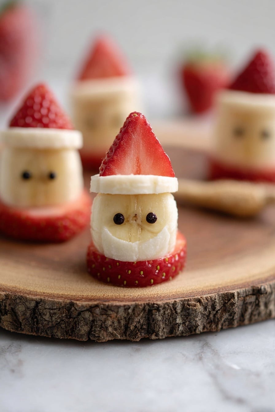 The image shows a small fruit snack that looks like a tiny Santa. The snack has three layers: the bottom layer is a round red strawberry slice, the middle layer is a piece of pale yellow banana, and the top layer is a strawberry slice cut into a triangle shape to look like a hat. There is a thin white cream layer between the banana and the bottom strawberry slice. Two small black dots on the banana slice create eyes for the face. The snacks are placed on a round wooden board with bark on the edge, and the background is a white marbled surface. Photo taken with an iphone --ar 2:3 --v 7 - Healthy Strawberry Santas, festive healthy snacks, quick holiday treats, easy fruit snacks, kid-friendly holiday recipes