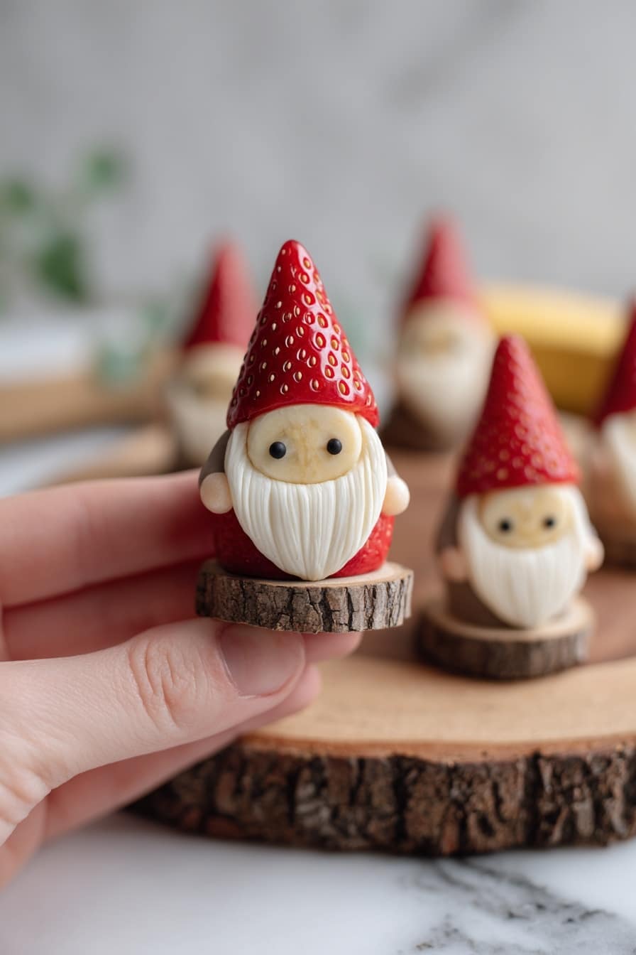 The image shows small fruit snacks shaped like little gnomes placed on a wooden round board with a rough bark edge. Each gnome has three layers: the bottom layer is a red strawberry slice, the middle layer is a thick pale banana slice, and the top layer is a red strawberry cone with visible seeds. On the banana layer, there are two small black dots acting as eyes, giving the gnome a cute face. The background is a white marbled texture with soft focus, and some more gnome snacks are blurred in the background. Photo taken with an iphone --ar 2:3 --v 7 - Healthy Strawberry Santas, festive healthy snacks, quick holiday treats, easy fruit snacks, kid-friendly holiday recipes